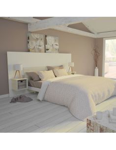 Pack Tête de lit avec 2 chevets en Bois, Coloris Blanc Mat et Bois Flotté Crème 